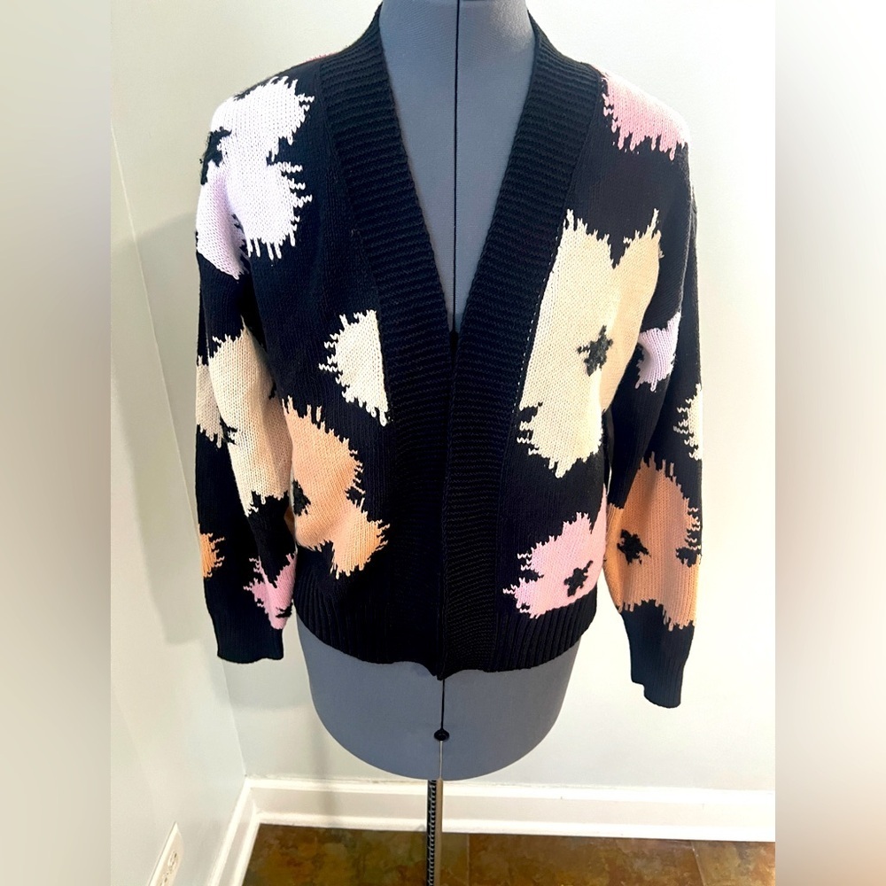 Lisa Todd Lazy Daisy Floral Cardigan Sweater Size S Cotton Blend Open Front